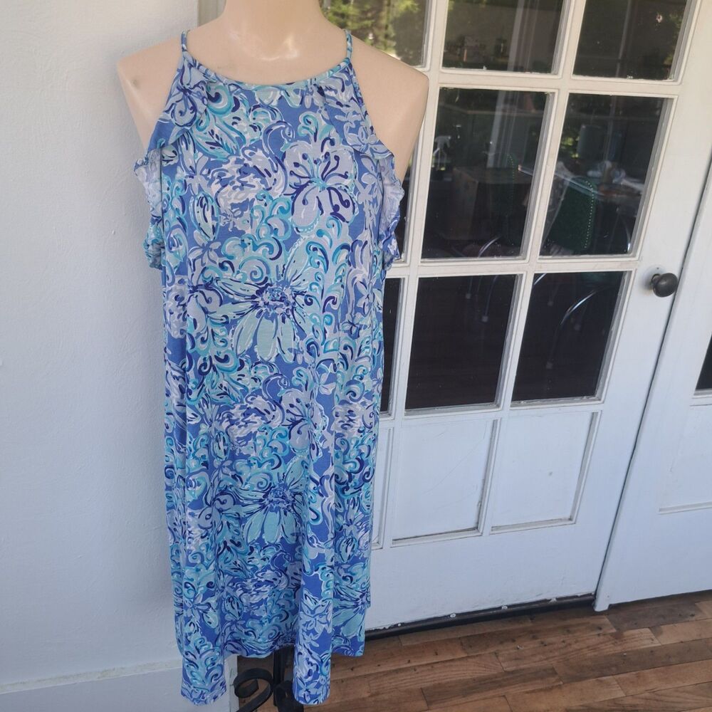 Lilly Pulitzer Billie Saltwater Blue Suns Out Guns Out Dress Large Beach Coastal